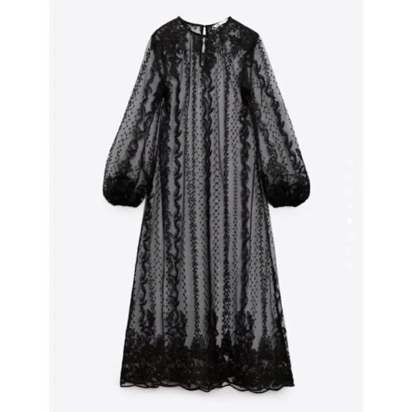 Zara Black Sheer Embellished Lace Night Out Dress - Picture 1 of 8